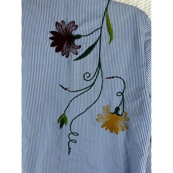 Zara Embroidered Button Up Shirt Blue White Stripe Floral Bird XS - Picture 10 of 10